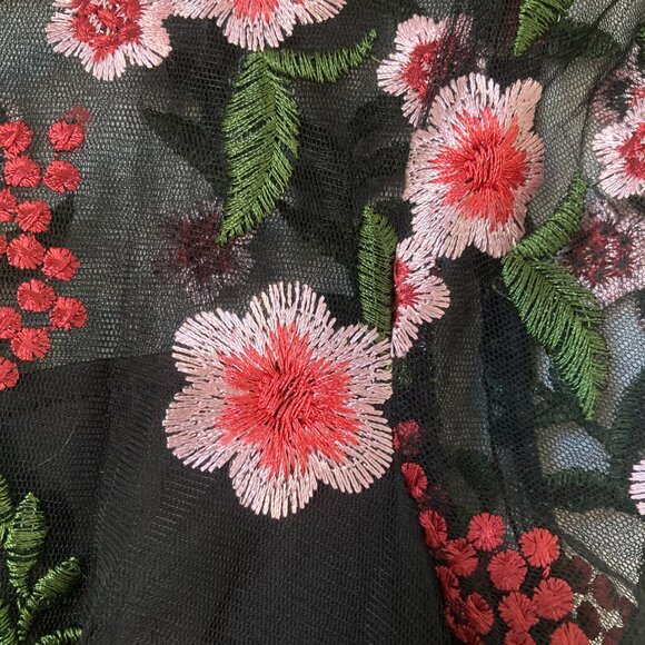 Black Embroidered Mini Dress with Mesh Peekaboo Shoulders, Size S - Picture 2 of 3